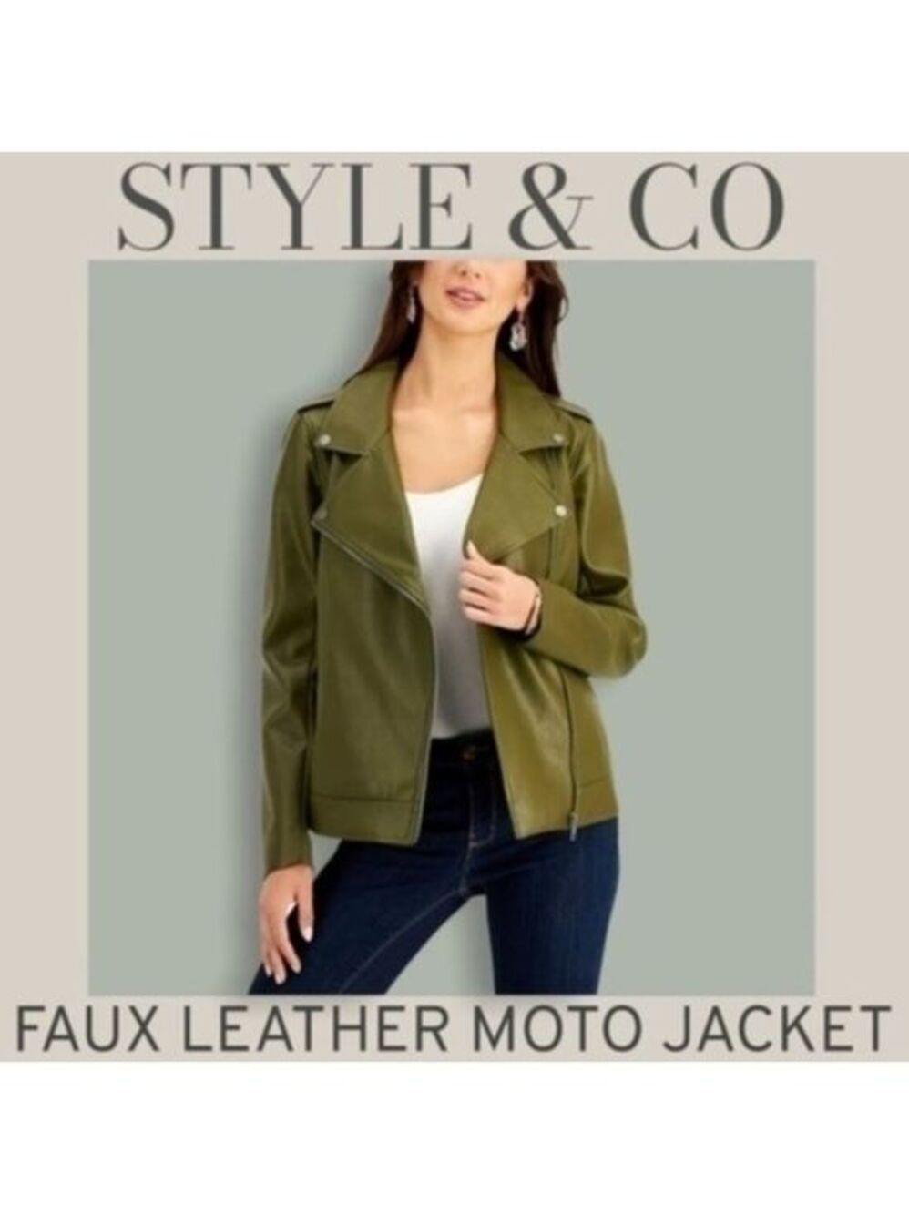 STYLE & CO Faux-Leather Hip Length Moto Style Olive/Moss Colored Jacket/LG NWT